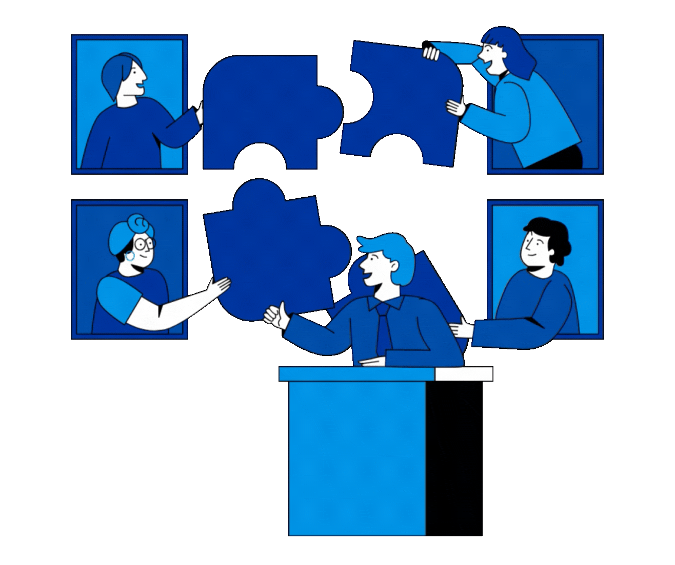 Diverse team collaborating on technology, symbolizing digital harmony