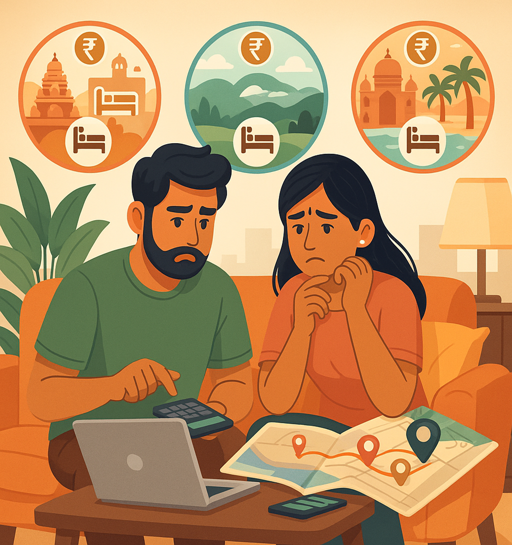 Young Indian couple planning a multi-city honeymoon, stressed about high hotel bills at several destinations.