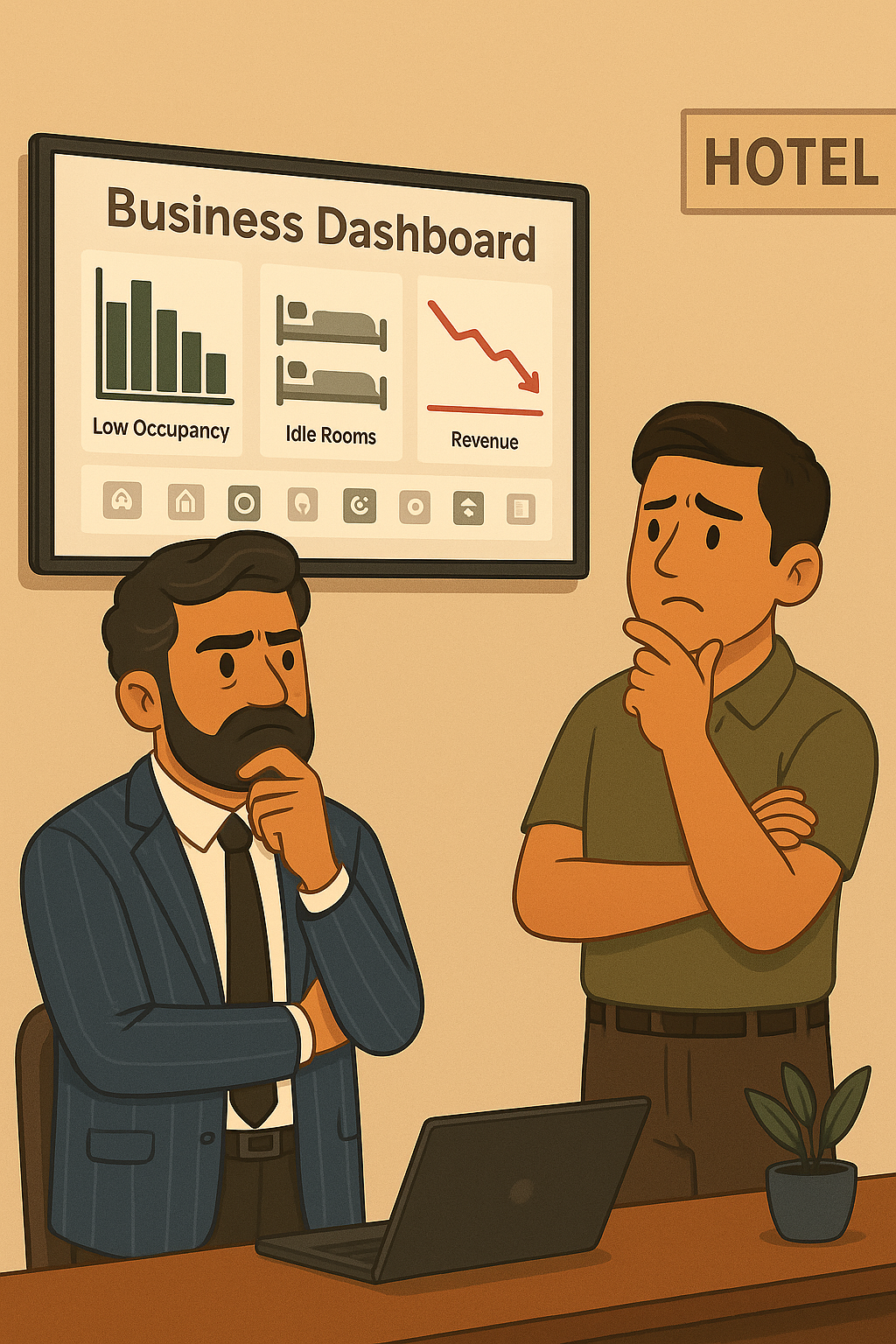 Hotel owner and manager reviewing a screen with low occupancy and idle rooms despite using several full-day booking platforms.