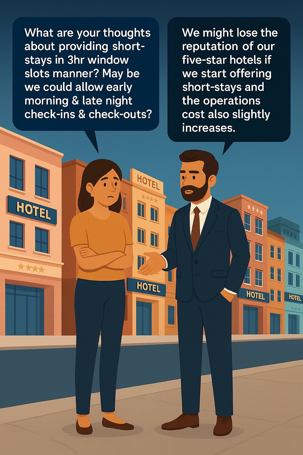 Senior hotel executive explaining to a colleague his concern that offering short-stay rooms might affect the five-star brand reputation.