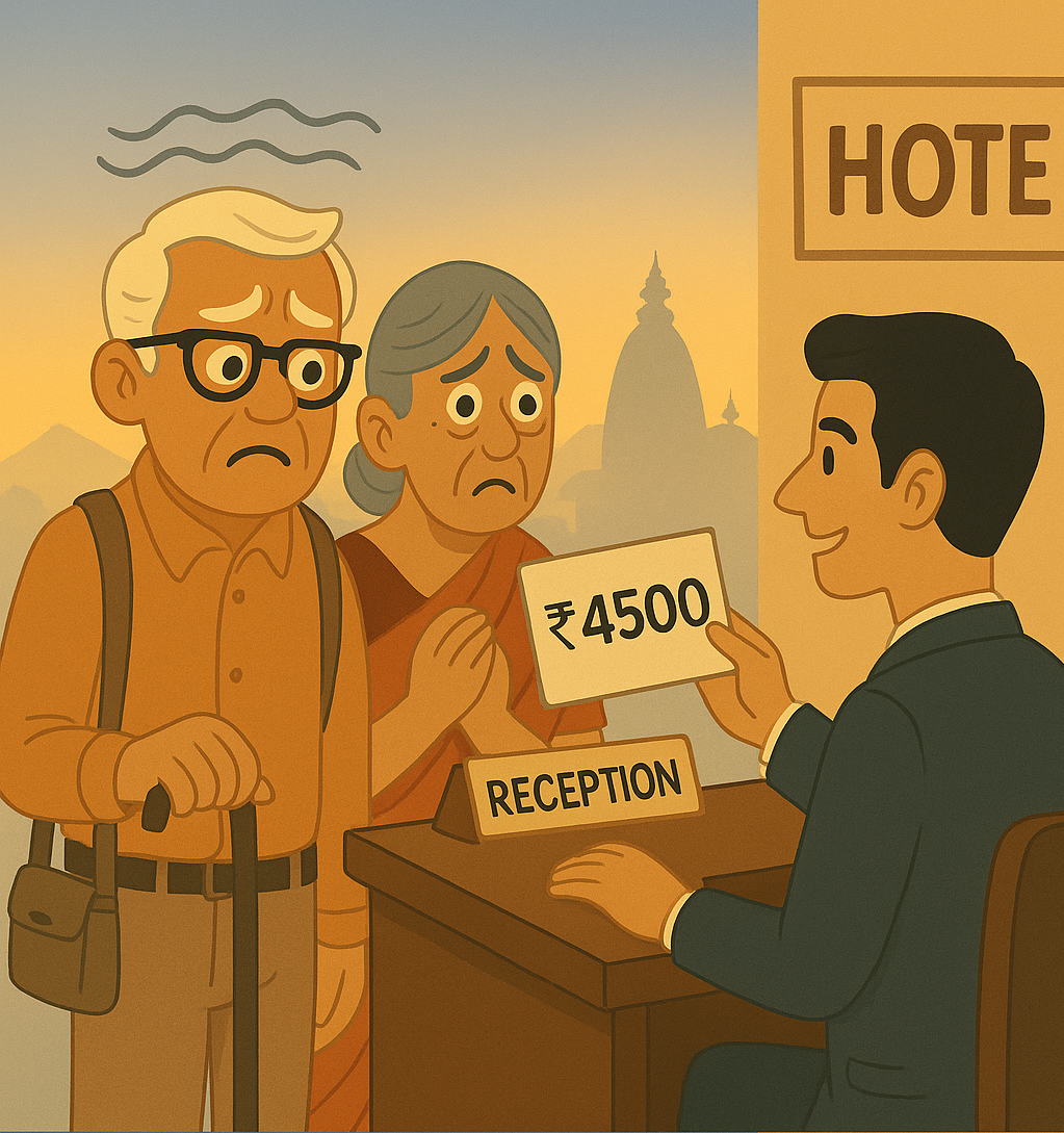 Elderly Indian couple on a spiritual trip feeling worried at a hotel reception after being told they must pay a full day for just a few hours.